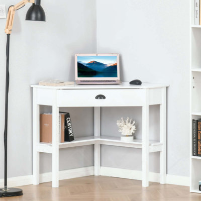Bureau d'angle, bureau d'ordinateur triangulaire avec tiroir et tablettes de rangement pour petits espaces, poste de travail à domicile pour le salon ou la chambre à coucher