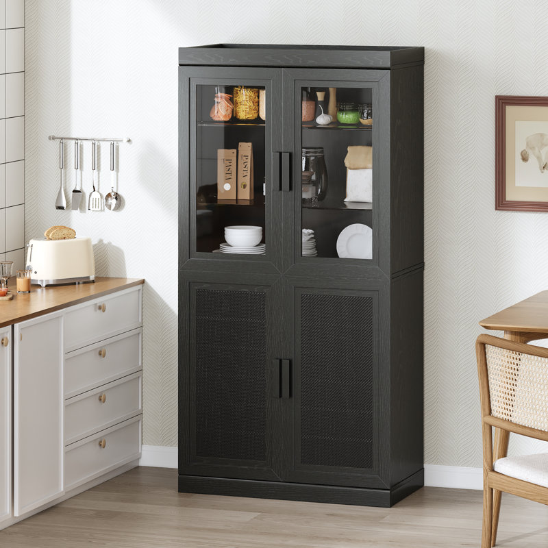 Garde-manger portatif 62 po en bois de rotin avec tablettes, Noir mat