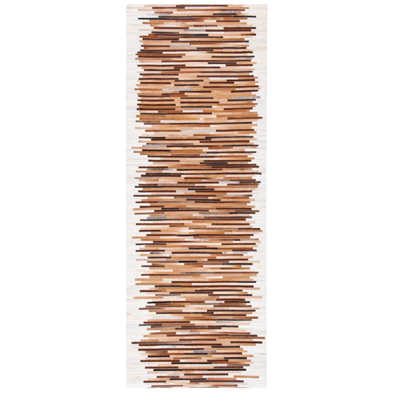 Seavey Hand Woven Leather/Felted Cloth Abstract Rug in Ivory/Brown, Runner 2'3" x 11'