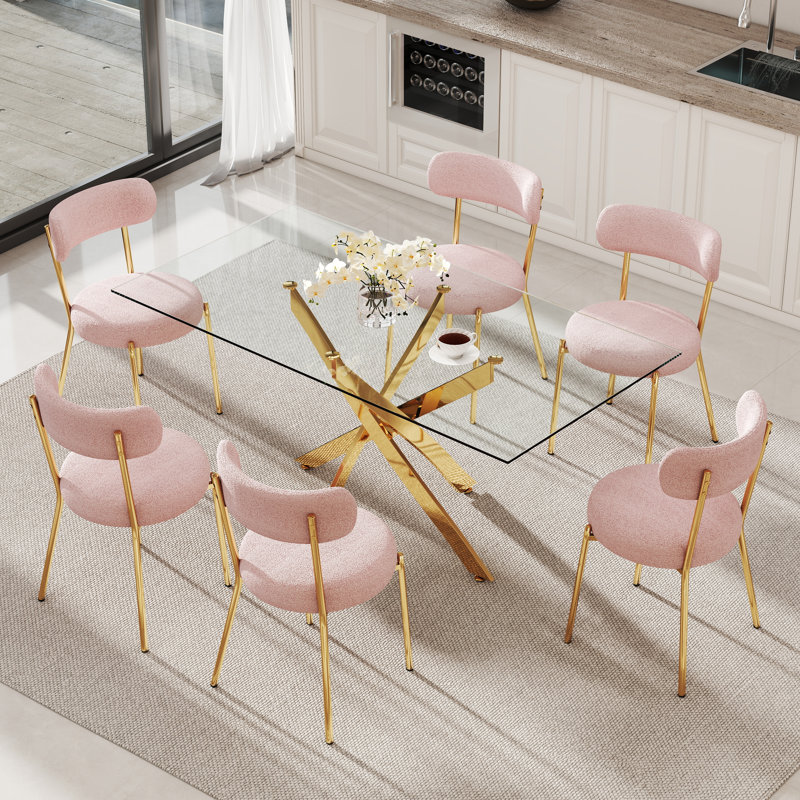 Rectangle Glass Pedestal Dining Set, Pink, 7 Pieces: Table, 6 Chairs, 29.5" H x 63" W x 31.5" D