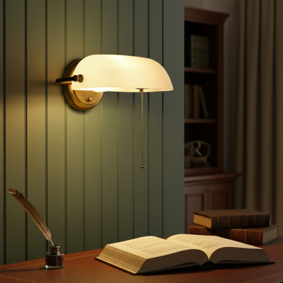 Banker Vintage Wall Sconce With Adjustable Glass Shade, Green Or White Glass And Antique Brass Finish, Pull Chain Switch, E26 Socket Wall Light For Office, Library And Living Room