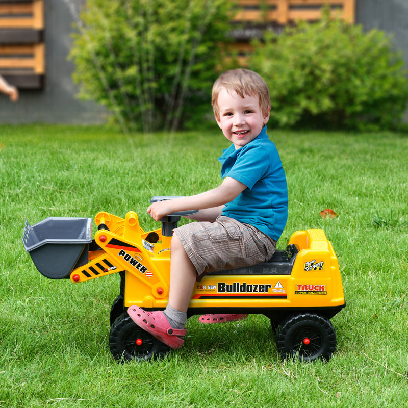 Yellow Plastic Ride-On Bulldozer with Storage and Digging Bucket