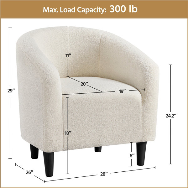 27”Wide Upholstered Solid Wood Barrel Accent Club Chair, Ivory Polyester Blend