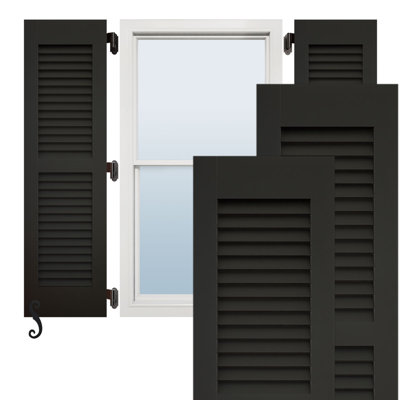 Volets extérieurs Americraft à deux persiennes égales en bois véritable (par paire), 45,7 cm (L) x 208,3 cm (H), avec capuchons de volets en aluminium, noirs