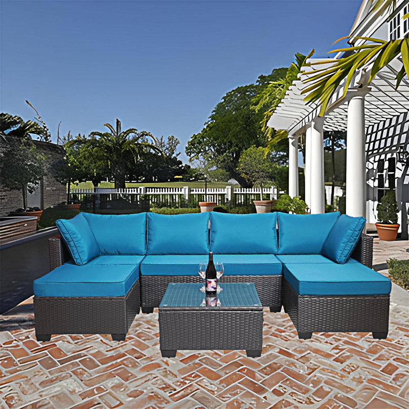 7-Piece Outdoor Sofa Set, Light Blue, Black