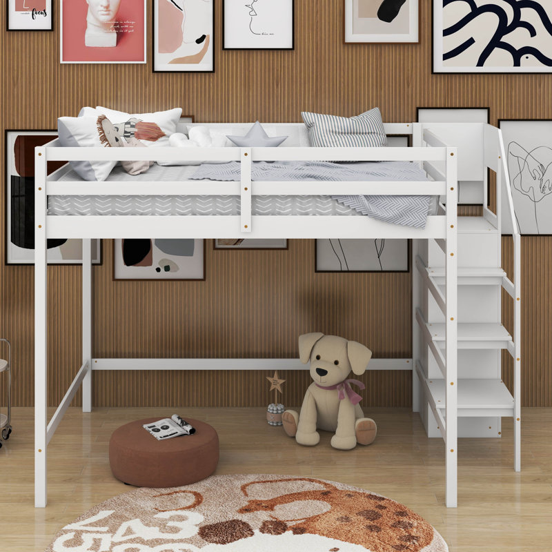 Full Size Loft Bed With Storage Wardrobe, White