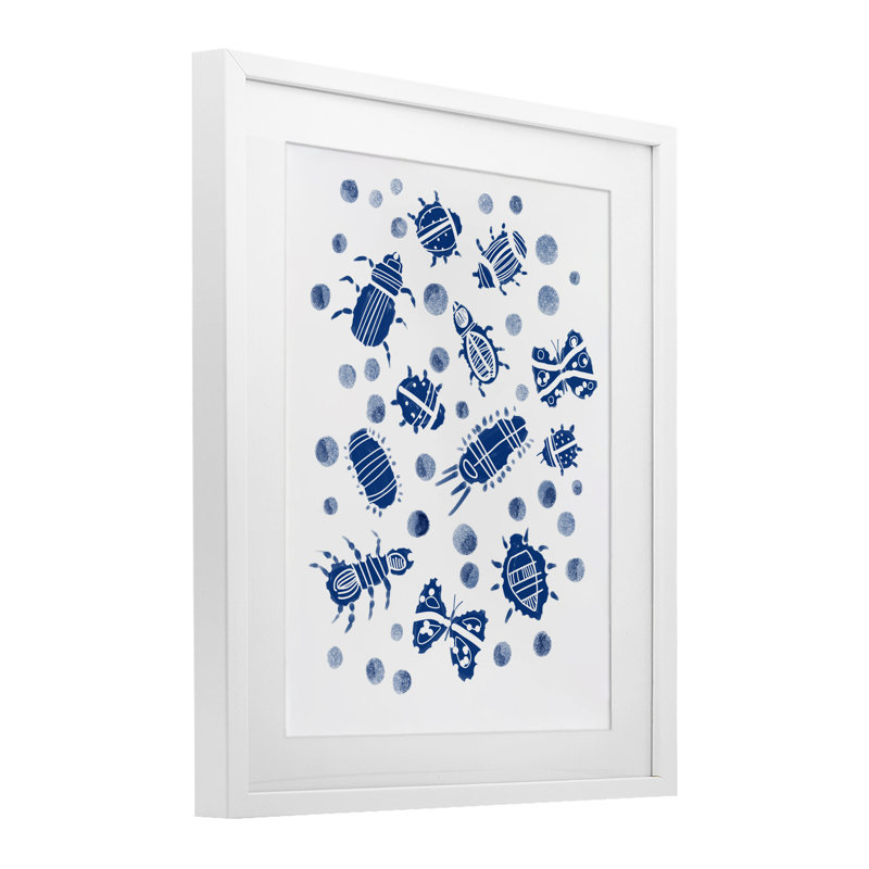 Indigo Bugs & Dots, reproduction encadrée sous verre, conception de Connie Summers, H 21 po x l 17 po, Cadre blanc côtier