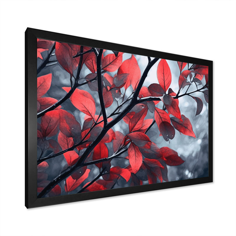 Feuilles rouges et grises sur un arbre I, H 24 po x l 32 po x P 1 po, Cadre photo noir
