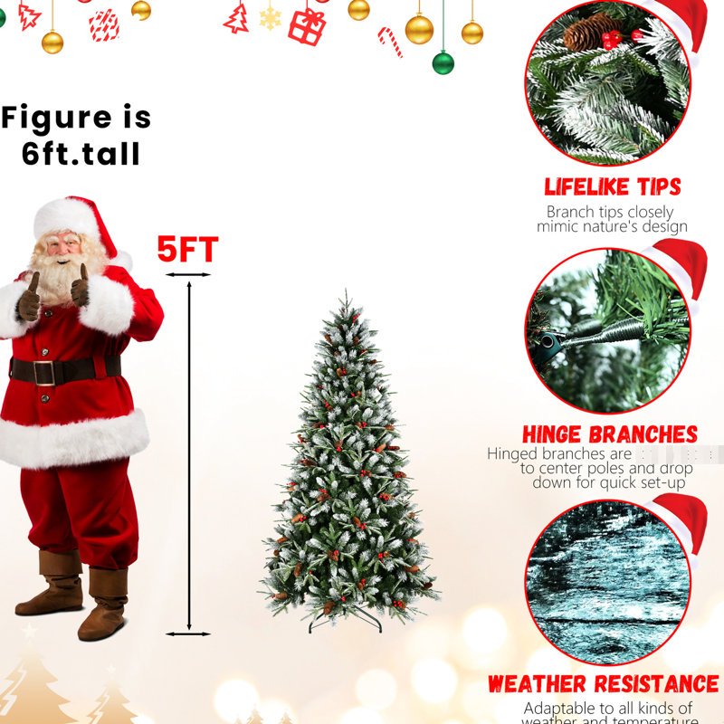 Arbre de Noël 5 pi avec branches enneigées, 1131 pointes, baies rouges, pin, structure à branches articulées, arbre à base en métal, installation rapide givré 47 po, base