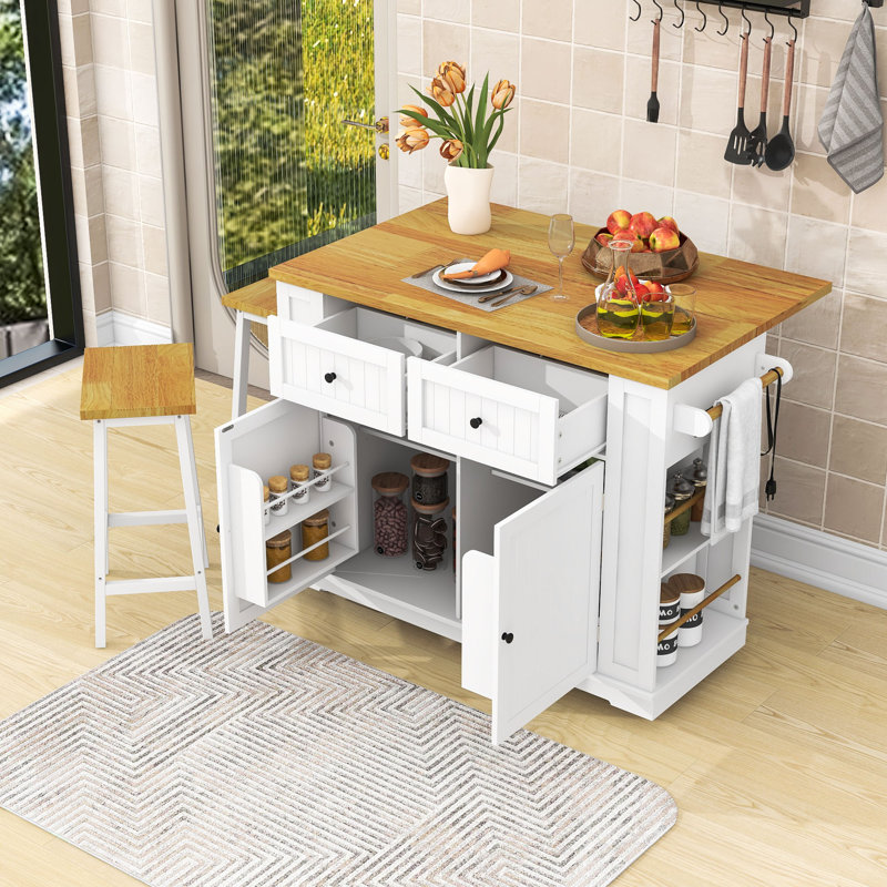 Îlot de cuisine 48 pouces avec 2 tabourets de bar, support de rangement et tiroirs, Blanc