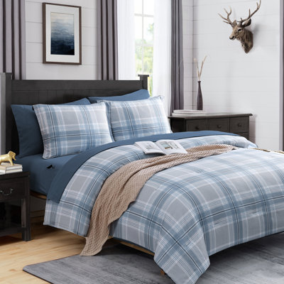Ensemble d'édredon simple à carreaux simples TG, ensemble de literie quadrillé bleu clair, ensemble d'édredon classique dans un sac à carreaux avec drap-housse et drap plat, taie d'oreiller et taie décorative (bleu clair, 66 po x 90 po) MaiRêve