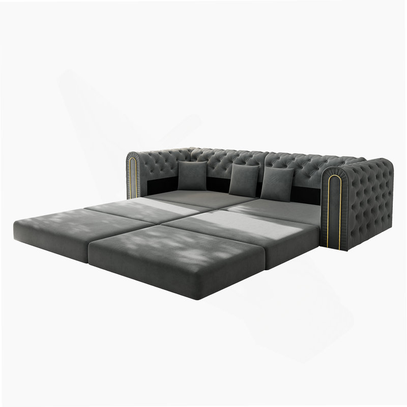 90.6-Inch 3-In-1 Convertible Sleeper Sofa With Movable Ottoman, Button Tufting, And Gold Edge Trim For Multi-Functional Living Spaces.
