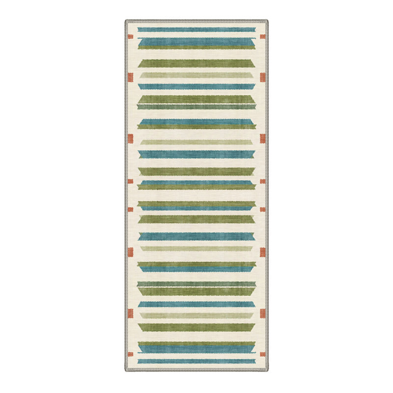 Zenith Modern Machine Washable Beige / Green / Blue Indoor Area Rug with Non-Slip Backing, Runner 2'6" x 8'