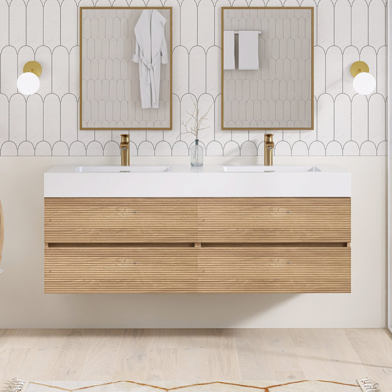 Ensemble de meuble-lavabo double 60 po avec surface solide 60 po, Chêne, 60"
