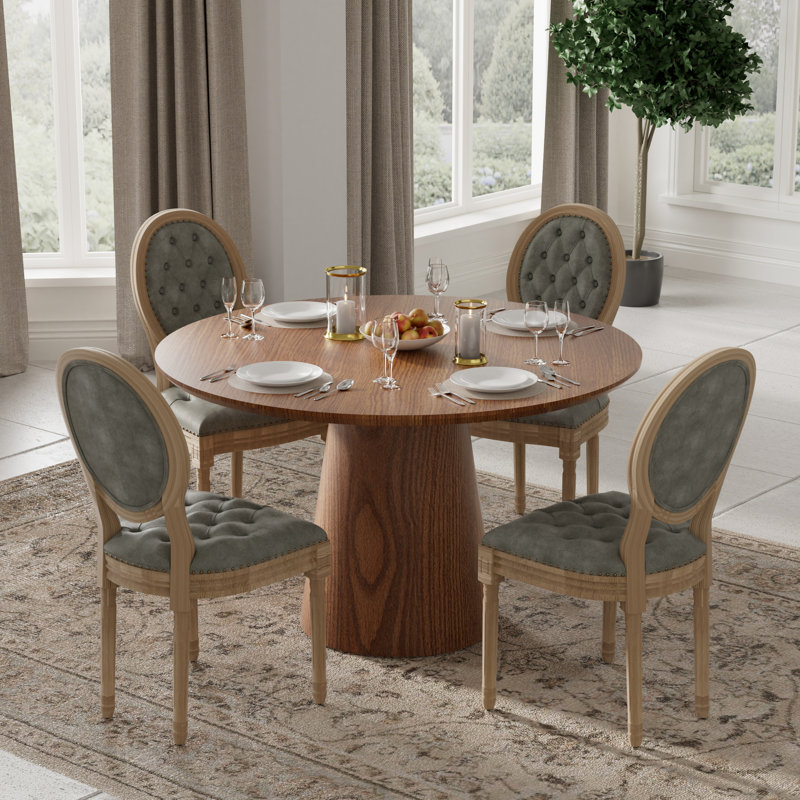 Round Farmerhouse Wooden Dining Set with French Dining Chairs, Faux Leather Dining Chairs, Walnut, Olive Green