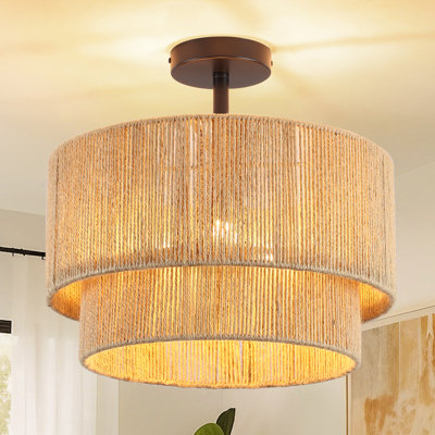 3-light Boho Light Fixtures Ceiling Mount, Rattan Semi Flush Ceiling Light With 2-tier Shade, Rustic Hand-woven Drum Light Fixture For Hallway Kitchen Foyer Farmhouse Bedroom