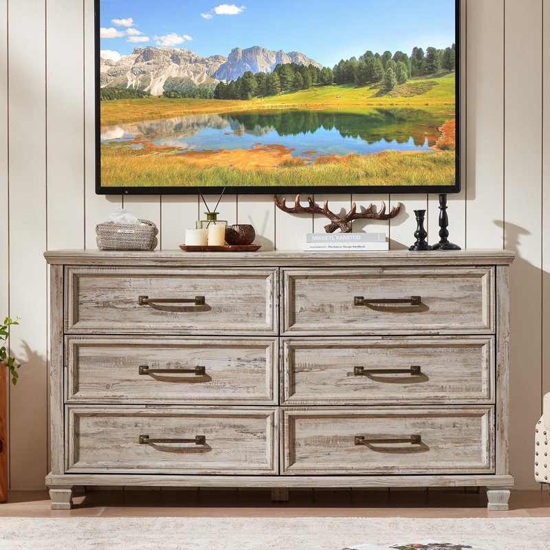 Commode 6 tiroirs pour chambre à coucher Farmhouse Grey, grande commode rétro de 54 pouces de large avec pieds carrés en bois, console télé rustique pour le salon, commodes de rangement en bois pour la maison