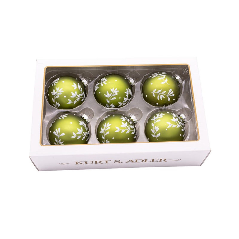 Sage Green Glass Ball Ornaments with White Leaf Design, Set of 6