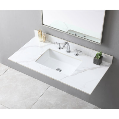 Plateau de meuble-lavabo en pierre frittée 43 x 22 avec 3 trous de robinet et lavabo en céramique de couleur blanche 43 x 22 po