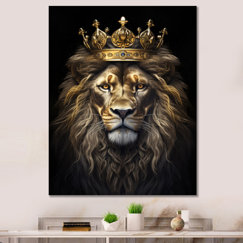 Majestic lion royal avec couronne d'or I - impressions sur toile de lion, Toile tendue, H 44 po x l 34 po x P 1,5 po