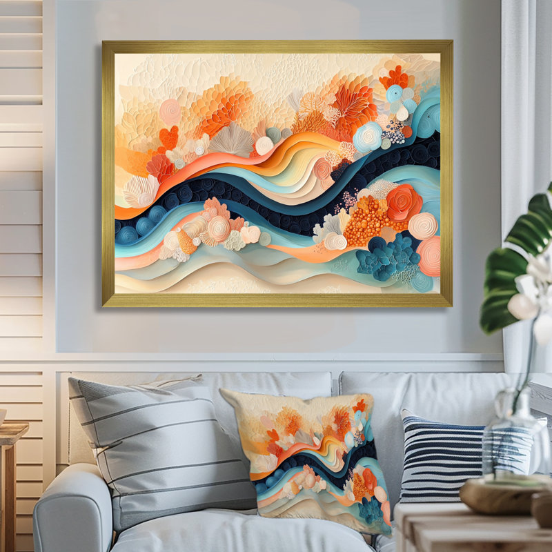 Abstrait corail vagues océaniques de l'éternité V - corail, art mural, H 30 po x l 40 po, Doré