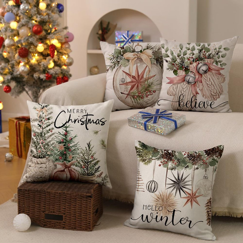 Couvre-oreiller de Noël 18 x 18 pouces, ensemble de 4 gants d'arbre de Noël Hello Winter