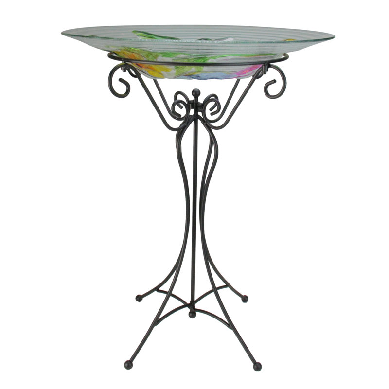 Bain d'oiseaux pour terrasse 22,5 po coloré à la main avec colibris et fleurs
