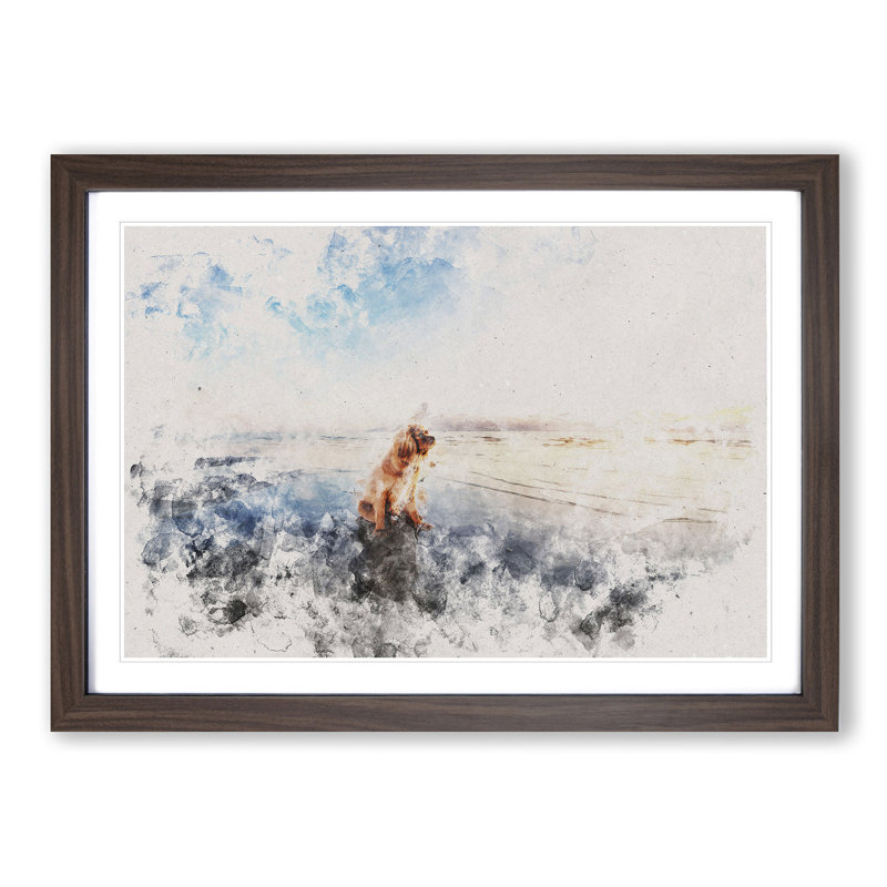 King Charles Spaniel upon the Beach - Picture Frame Painting Print, Walnut Framed, 62cm H x 87cm W x 2cm D