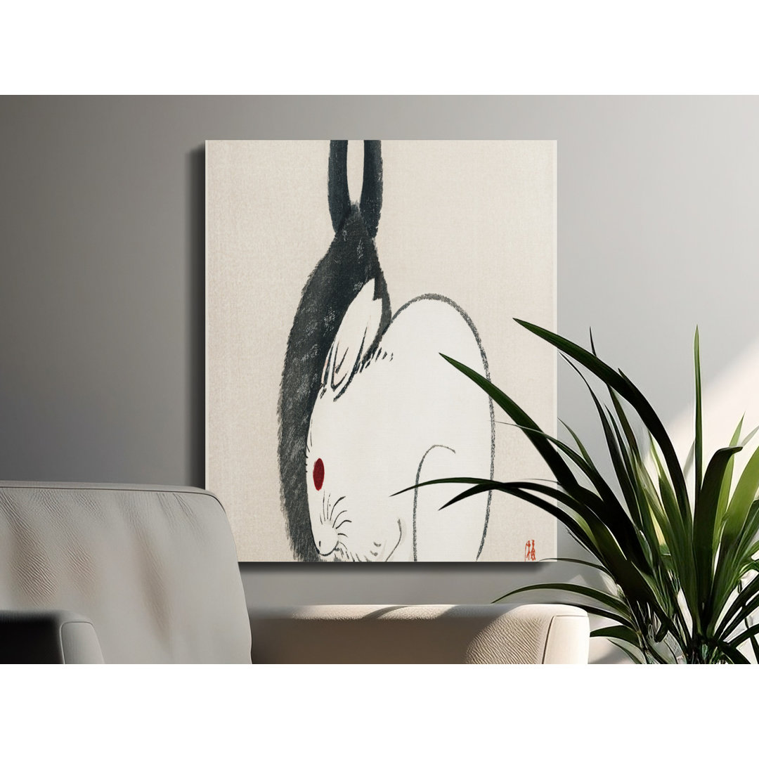 Japanese Rabbit Art Canvas, Minimalist Sumi-e Black White Rabbit Wall Art Print, Zen Asian Decor, Ukiyo-e Animal Lover Gift