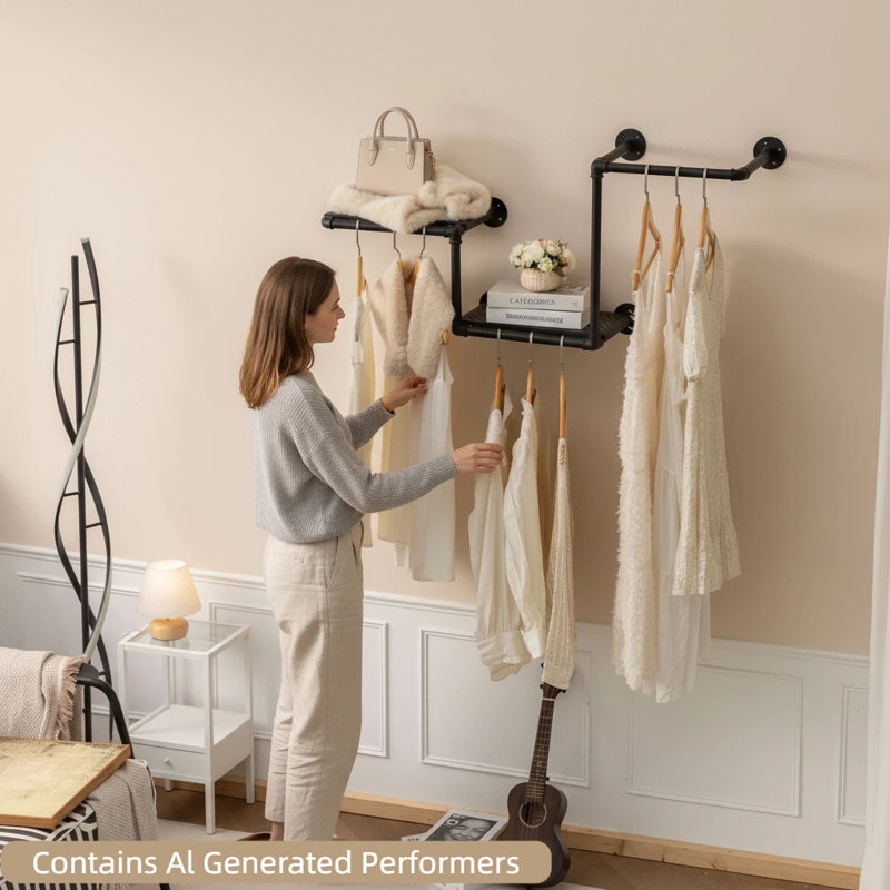 Portemanteaux industriel à tuyaux avec tablette flottante, supports à vêtements muraux en tuyau noir pour suspendre les vêtements, tringle à penderie pour salle de lavage, chambre à coucher