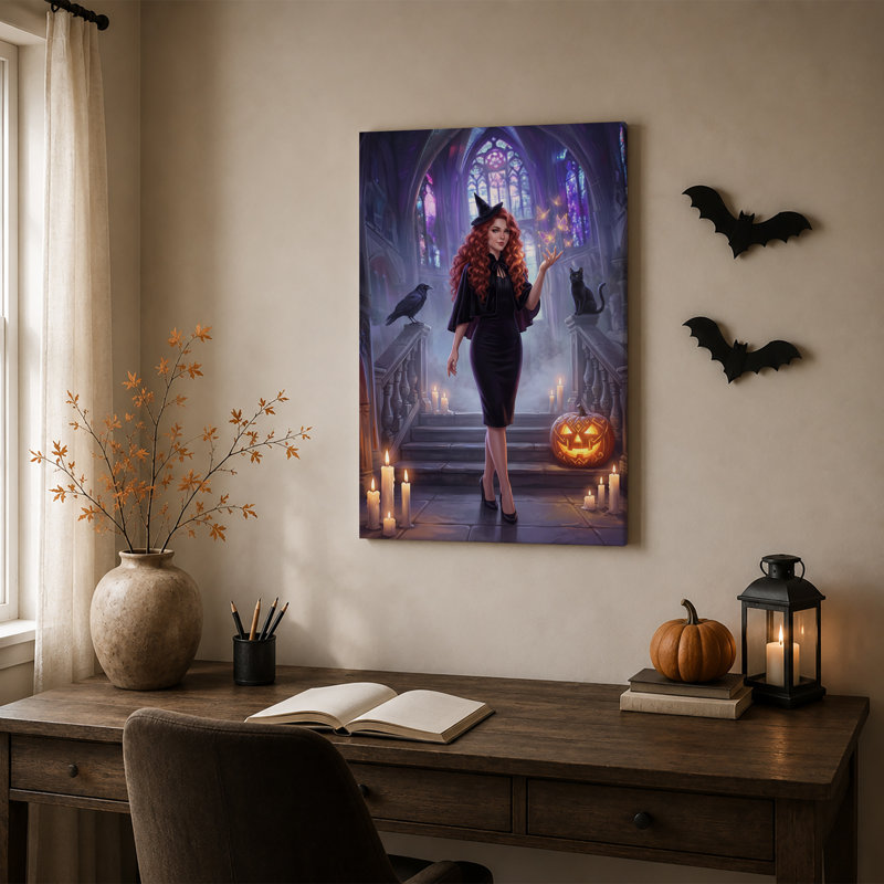 Toile rouge, sorcière dans la cathédrale gothique avec citrouille d'Halloween, art mural, 30"H x 20"W