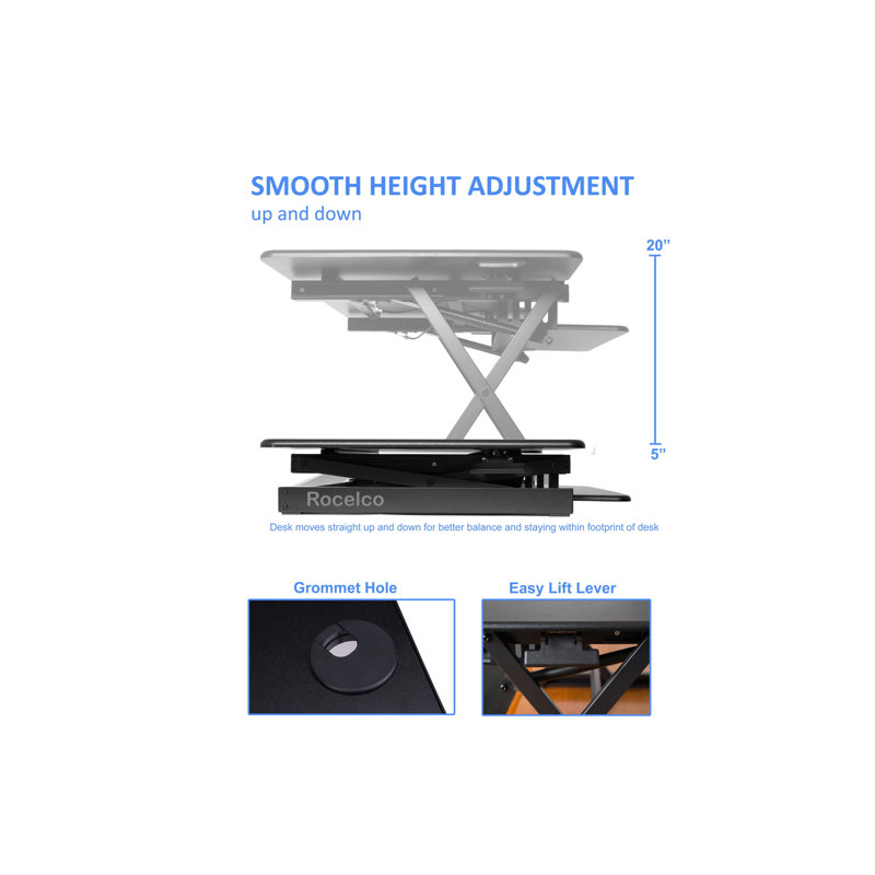  46 in. Black Height Adjustable Standing Desk Converter with Double Monitor Mount Stand and Deep Keyboard Tray, Black/Black
