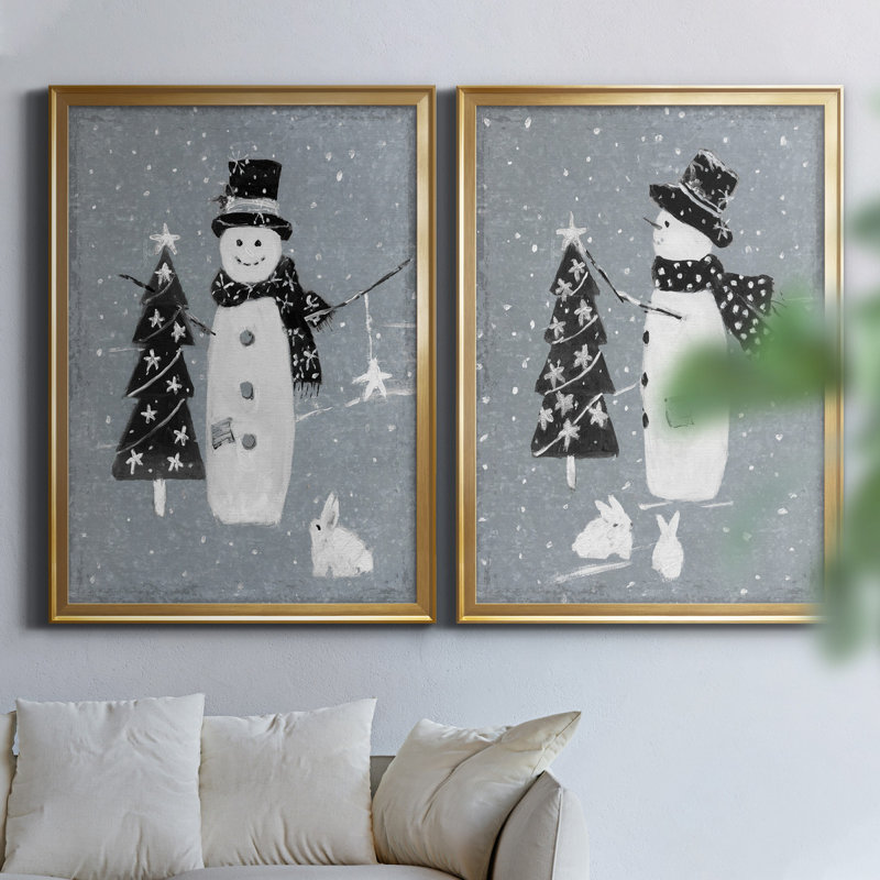 «Snowman Galvanized I», ensemble de 2 reproductions, Pas de tapis, Toile encadrée dorée, H 22,5 po x l 61 po x P 1,5 po