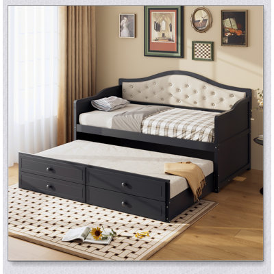 Lit de jour simple avec lit gigogne et 2 tiroirs de rangement, canapé-lit en bois avec dossier capitonné à boutons pour le salon, la chambre à coucher et la chambre d'amis