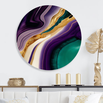 Purple, Green And Gold Bold Strokes II - Abstract Round Wall Art on Metal