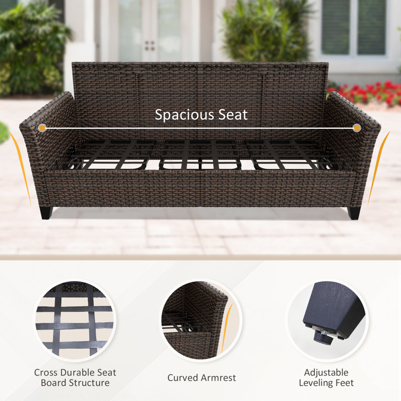 Outdoor Multi-Brown Wicker and Steel 3-Seat Sofa with Beige Cushions