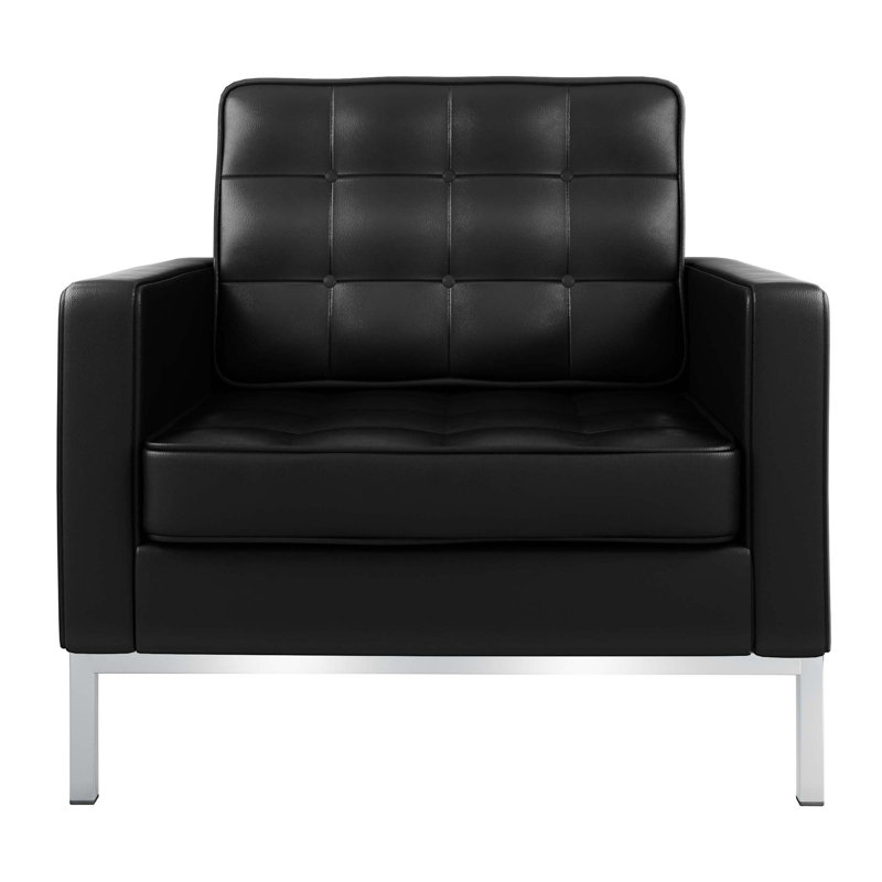 Fauteuil club capitonné en cuir italien noir et argent 31 po