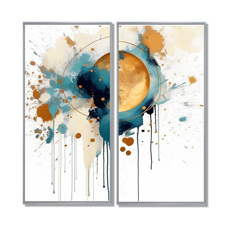 Teal Adn Gold Elegance I - Art mural bleu sarcelle 2 panneaux, H 32 po x l 32 po, Impression encadrée flottante