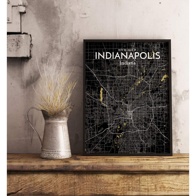 «Indianapolis City Map», reproduction d'impression sur affiche en noir, H 17 po x l 11 po