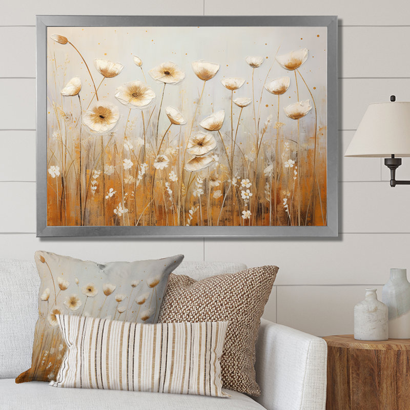Beige fleurs de jardin murmures II, Cadre simple argenté, H 24 po x l 32 po x P 1 po