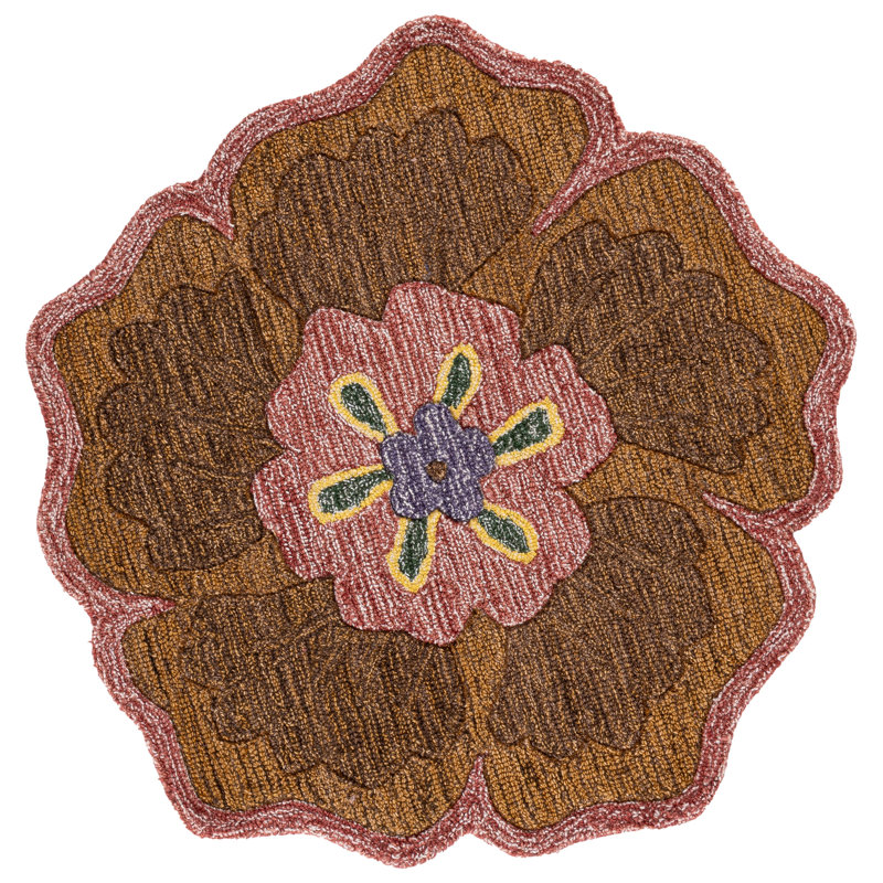 Mallina Novelty Hand Tufted Wool/Cotton with Cotton Backing Floral Rug in Gold/Pink, Round 3'