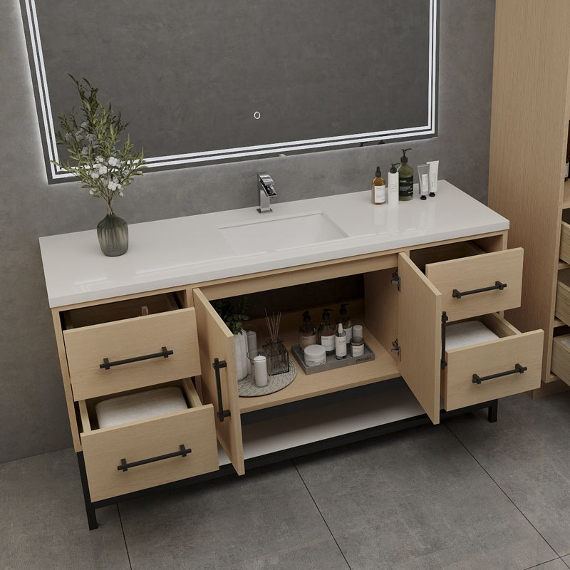 Victoria 60'' Wall-Mounted Vanity with Single Reinforced Acrylic Sink & Rack, Yellow Oak