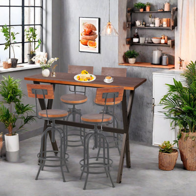 Ensemble de 3, ensemble de table et de chaises, mobilier peu encombrant pour la maison, salle à manger, café, pub, métal industriel et bois brun rustique, robuste, table rectangulaire à pieds en X, 2 tabourets de bar pivotants réglables