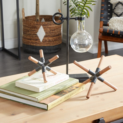 Wood Jack Brown Decorative Sculpture with Black Metal Centers Set