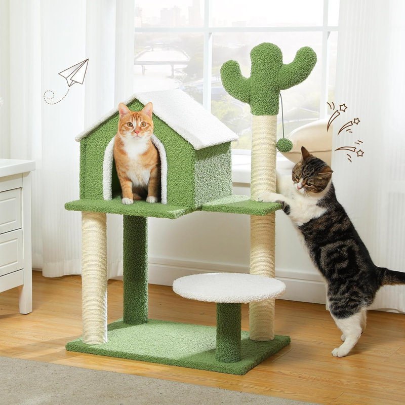 Arbre à chat, 35 po, poteau à griffer Cactus avec chat confortable, 3 niveaux, blanc