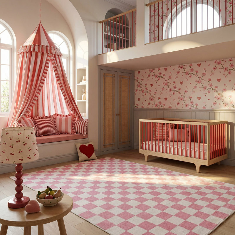 Rug Branch Jaque 5' x 8' (5'3" x 7'7") Pink/White Checkered Kids Area Rug, Modern, Medium Pile, Stain-Resistant Carpet - Playroom, Nursery, Toy Room and Bedroom
