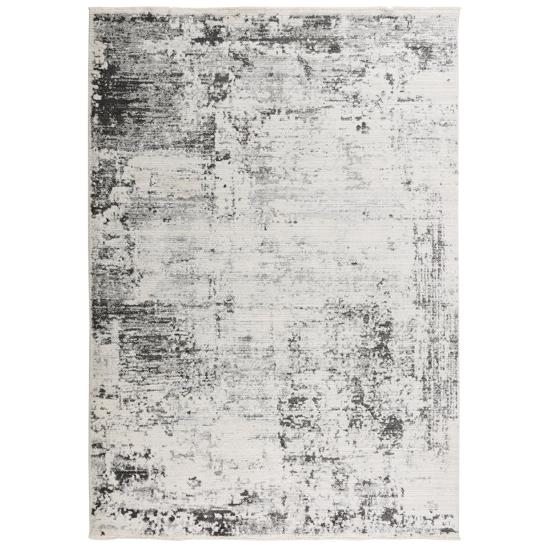 Tapis abstrait en polyester tissé à la machine en ivoire / gris, Rectangle 8 pi 10 po x 11 pi 10 po