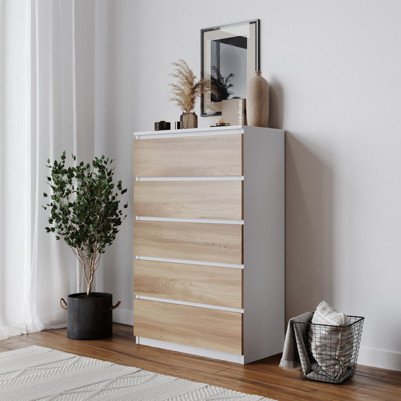Baptistine 70 cm W Chest of 5 Drawers, White/Oak