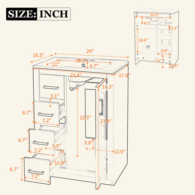 Meuble-lavabo pour salle de bain avec lavabo en céramique intégré, armoire de salle de bain à 1 porte, 3 tiroirs, meuble-lavabo simple pour petite et moyenne salle de bain