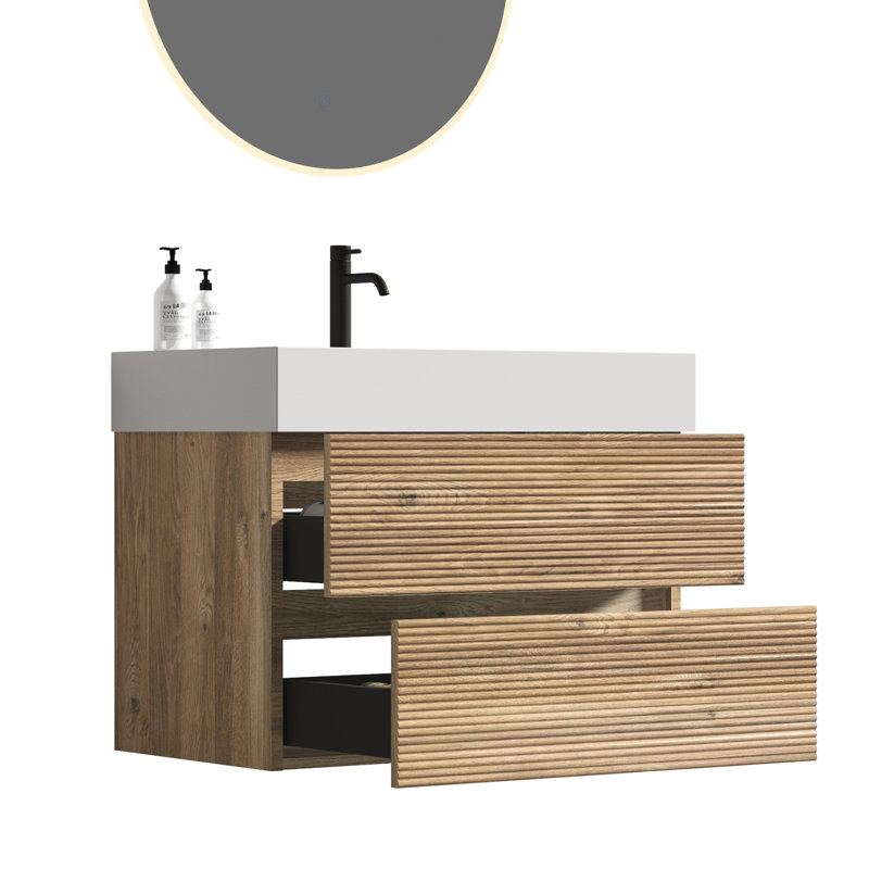 Meuble-lavabo de salle de bain avec finition en chêne, installation murale à double tiroir, meuble-lavabo à système silencieux E0 Water, ensemble de caractéristiques de conception, tiroirs à fermeture douce, ensemble de composants E1, désignation de drainage en forme de U